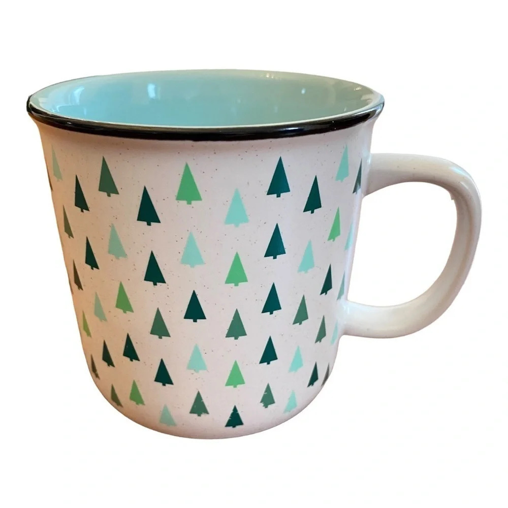 David’s Tea Rustic Mug Christmas Holiday Cup with Little Green Trees 13 oz